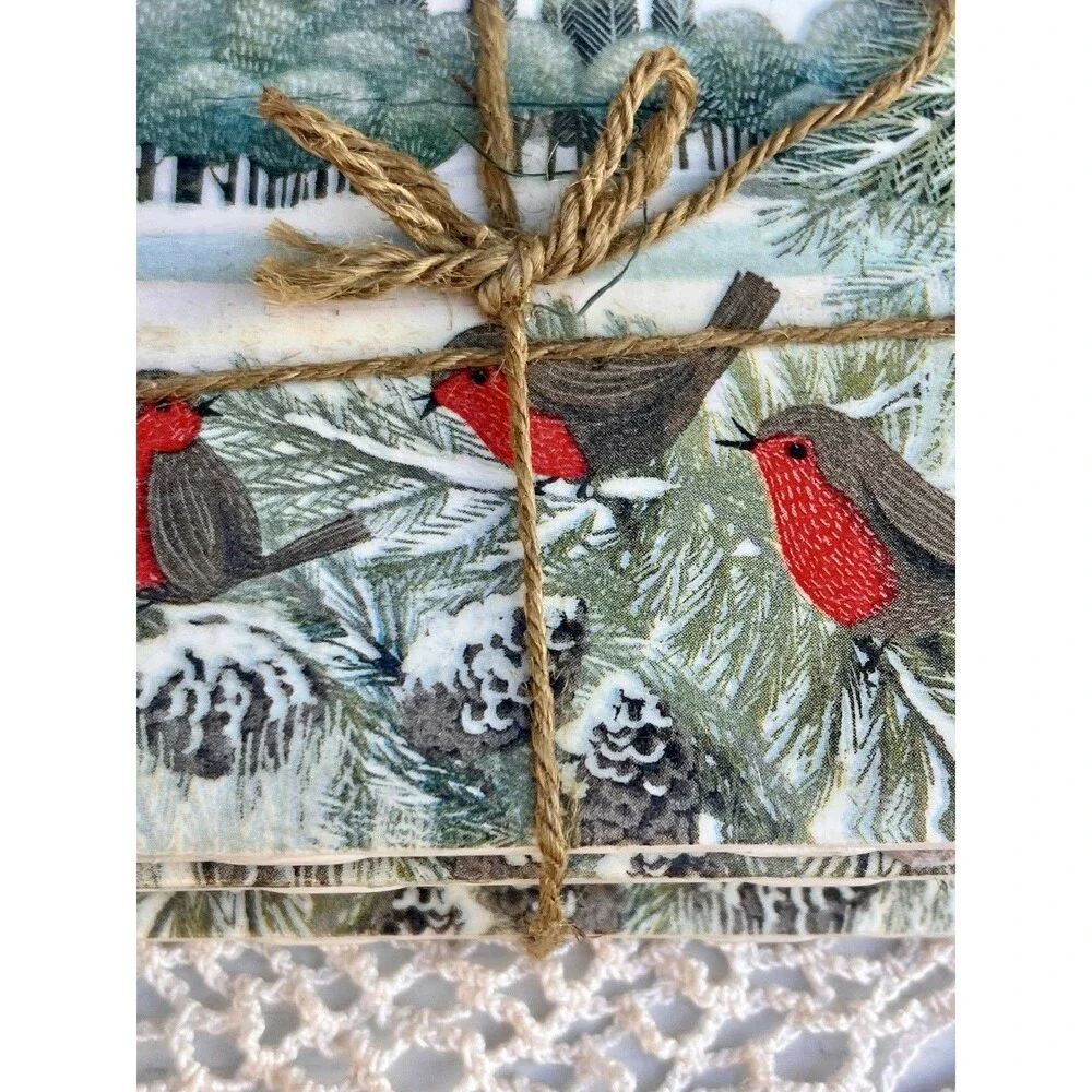 Handmade  Red Robin Coasters Set of 4 Ceramic Tile Coasters Cottagecore